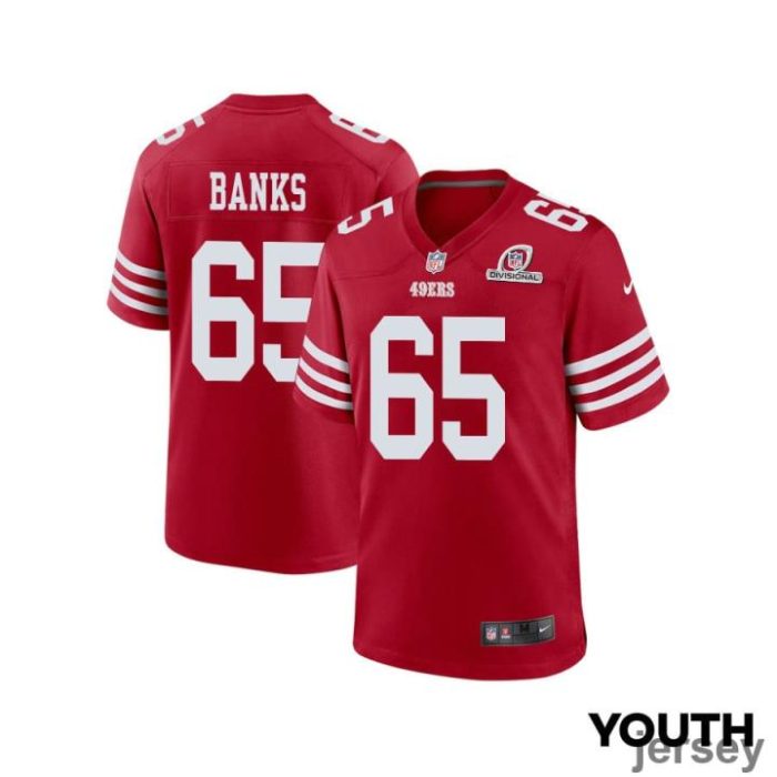 Aaron Banks 65 San Francisco 49ers 2024 Divisional Patch Game YOUTH Jersey - Scarlet