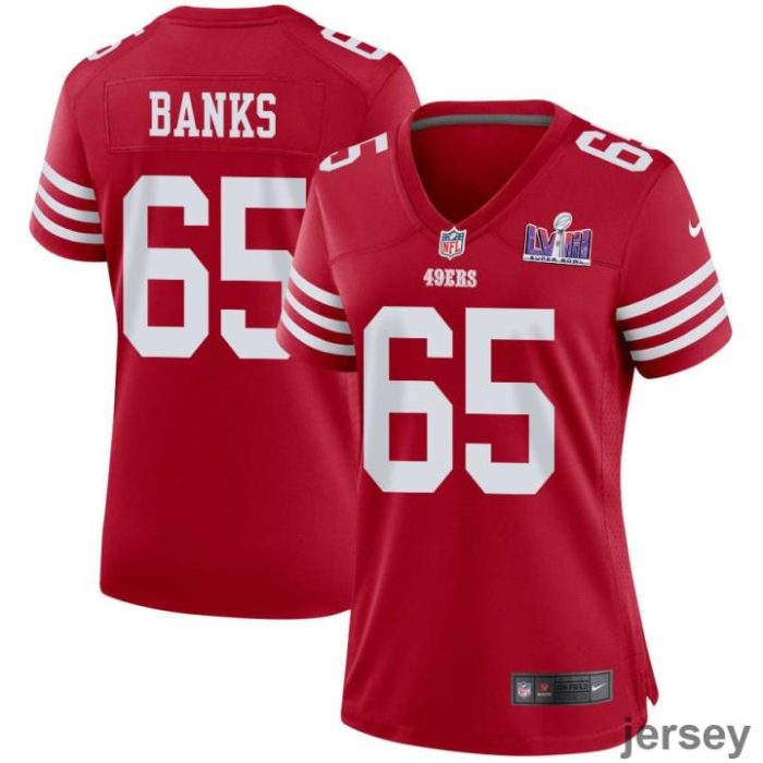 Aaron Banks 65 San Francisco 49ers Super Bowl LVIII Patch Game Women Jersey - Scarlet