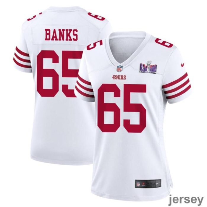 Aaron Banks 65 San Francisco 49ers Super Bowl LVIII Patch Game Women Jersey - White