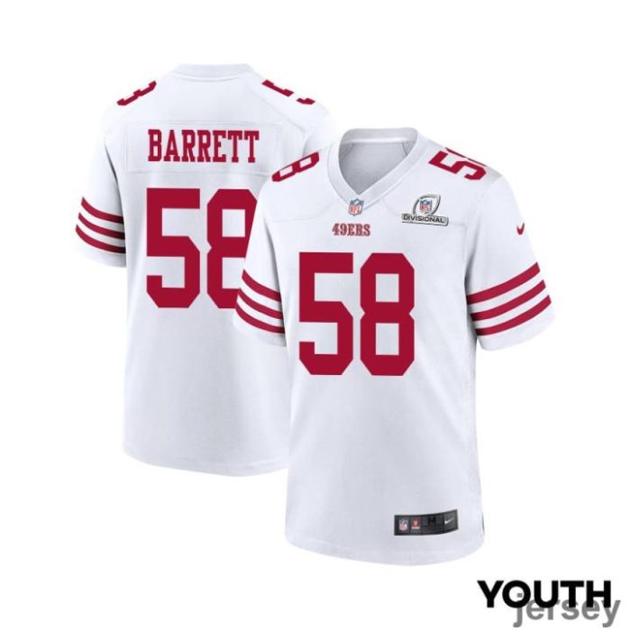 Alex Barrett 58 San Francisco 49ers 2024 Divisional Patch Game YOUTH Jersey - White