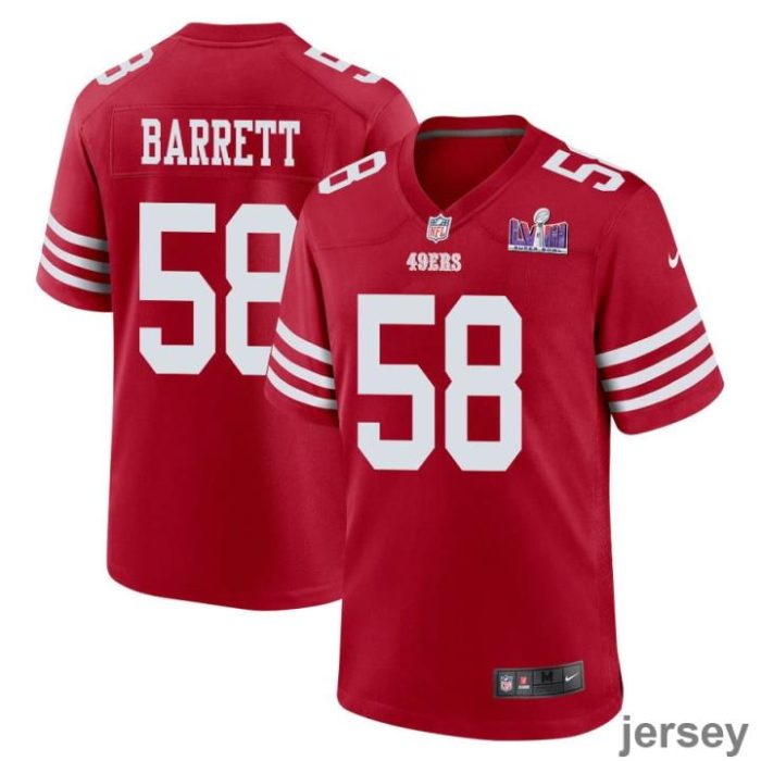 Alex Barrett 58 San Francisco 49ers Super Bowl LVIII Patch Game Men Jersey - Scarlet