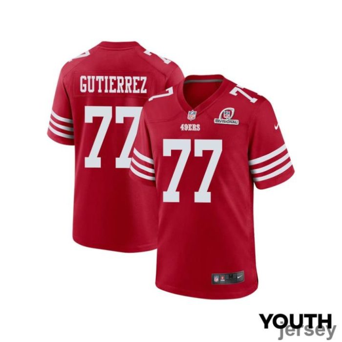 Alfredo Gutierrez 77 San Francisco 49ers 2024 Divisional Patch Game YOUTH Jersey - Scarlet