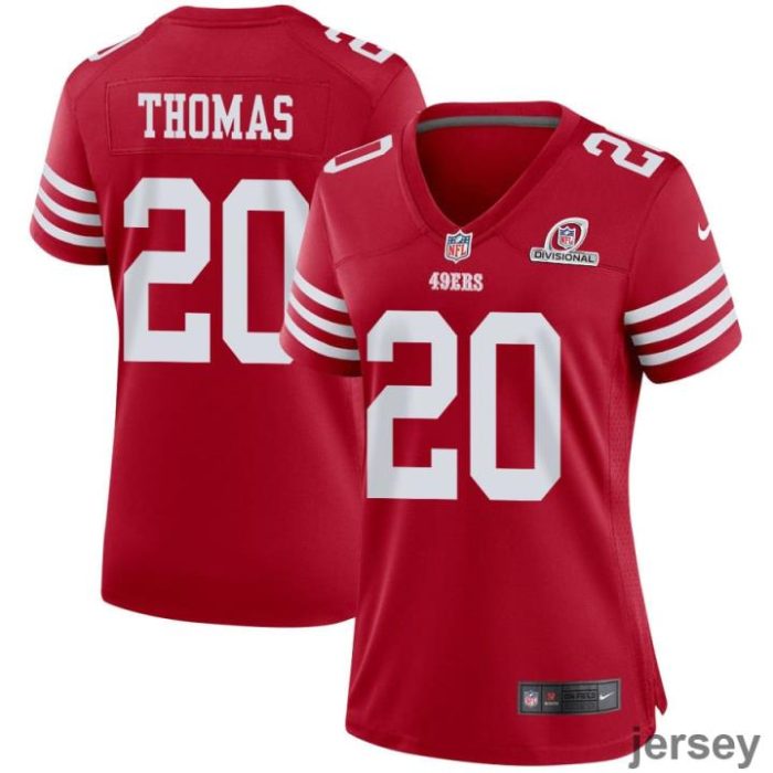 Ambry Thomas 20 San Francisco 49ers 2024 Divisional Patch Game Women Jersey - Scarlet