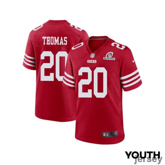 Ambry Thomas 20 San Francisco 49ers 2024 Divisional Patch Game YOUTH Jersey - Scarlet