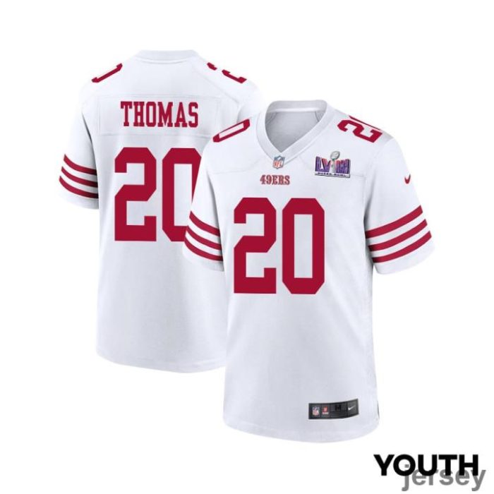 Ambry Thomas 20 San Francisco 49ers Super Bowl LVIII Patch Game YOUTH Jersey - White