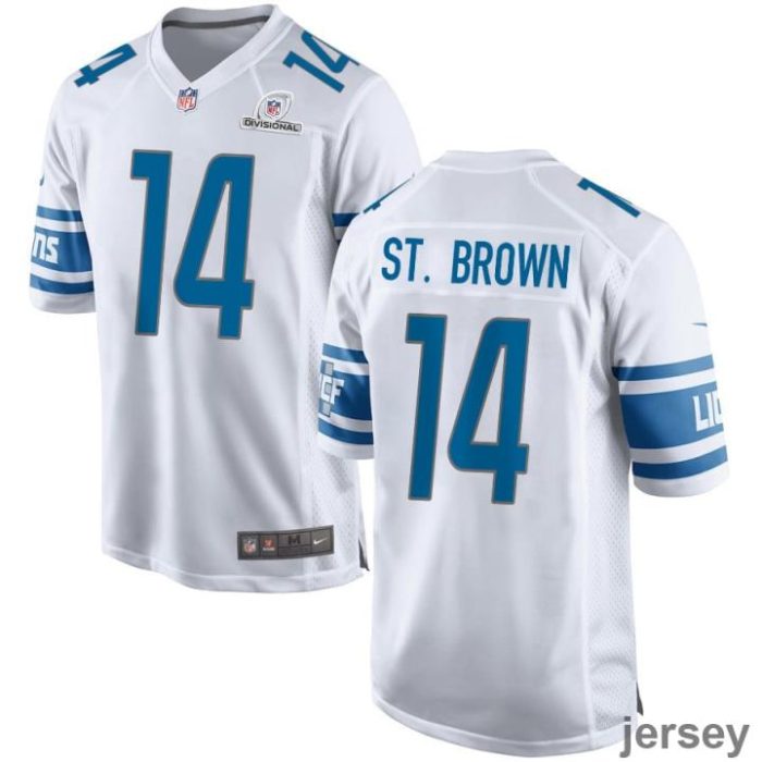 Amon-Ra St. Brown 14 Detroit Lions 2024 Divisional Patch Game Men Jersey - White