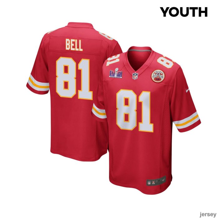 Blake Bell 81 Kansas City Chiefs Super Bowl LVIII Patch Game YOUTH Jersey - Red