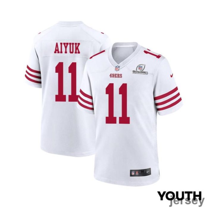 Brandon Aiyuk 11 San Francisco 49ers 2024 Divisional Patch Game YOUTH Jersey - White