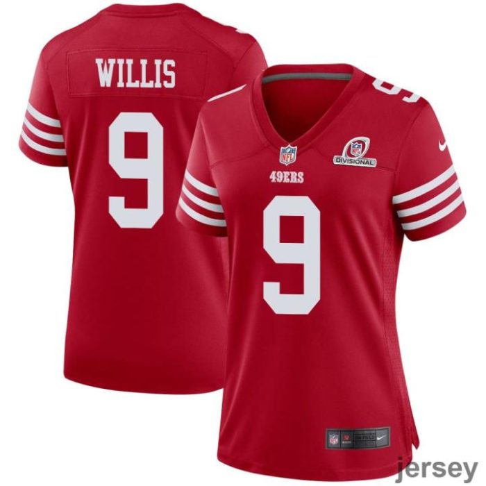 Brayden Willis 9 San Francisco 49ers 2024 Divisional Patch Game Women Jersey - Scarlet