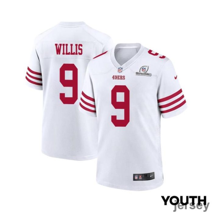 Brayden Willis 9 San Francisco 49ers 2024 Divisional Patch Game YOUTH Jersey - White