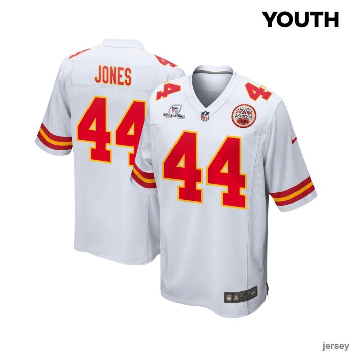 Cam Jones 44 Kansas City Chiefs 2024 Divisional Patch Game YOUTH Jersey - White