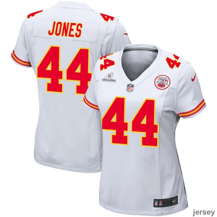 Cam Jones 44 Kansas City Chiefs Super Bowl LVIII Patch Game Women Jersey - White