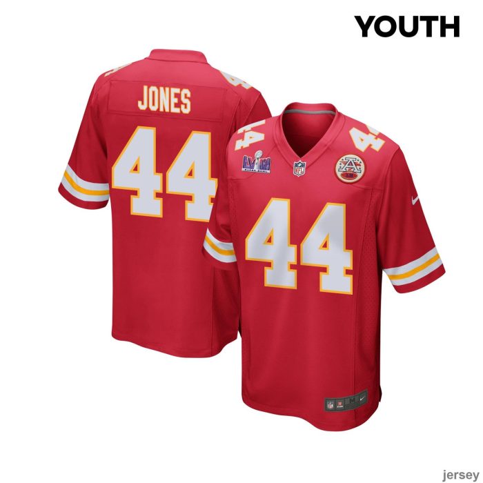 Cam Jones 44 Kansas City Chiefs Super Bowl LVIII Patch Game YOUTH Jersey - Red