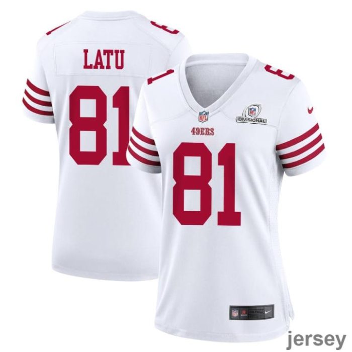 Cameron Latu 81 San Francisco 49ers 2024 Divisional Patch Game Women Jersey - White