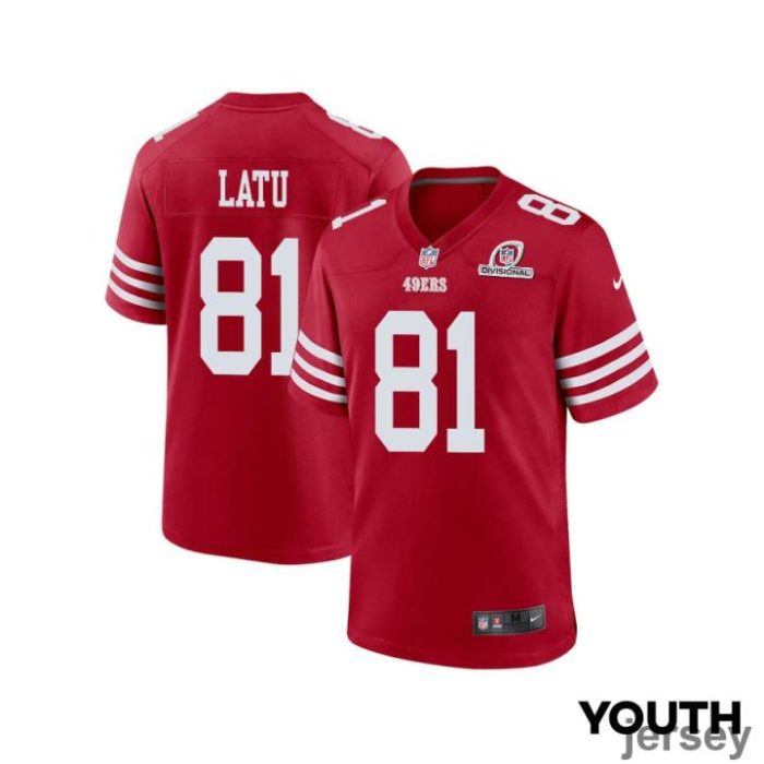 Cameron Latu 81 San Francisco 49ers 2024 Divisional Patch Game YOUTH Jersey - Scarlet