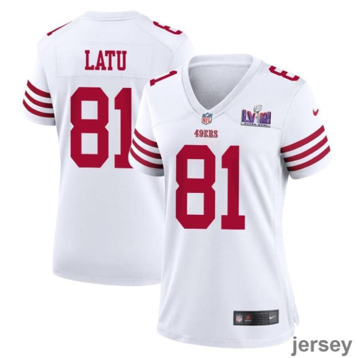 Cameron Latu 81 San Francisco 49ers Super Bowl LVIII Patch Game Women Jersey - White