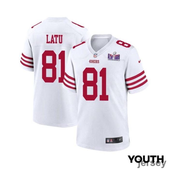 Cameron Latu 81 San Francisco 49ers Super Bowl LVIII Patch Game YOUTH Jersey - White