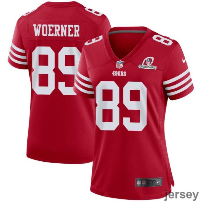 Charlie Woerner 89 San Francisco 49ers 2024 Divisional Patch Game Women Jersey - Scarlet