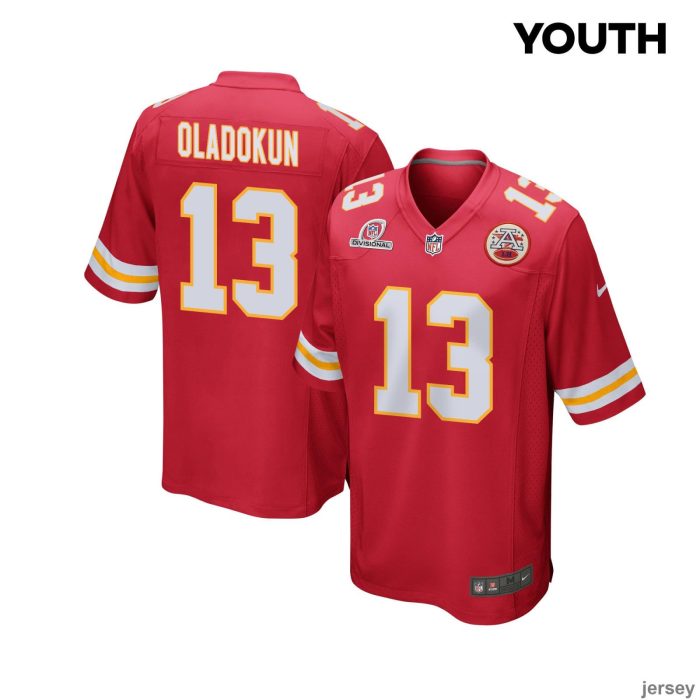 Chris Oladokun 13 Kansas City Chiefs 2024 Divisional Patch Game YOUTH Jersey - Red