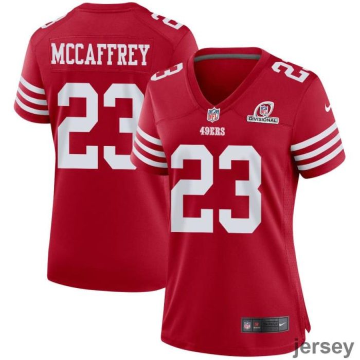 Christian McCaffrey 23 San Francisco 49ers 2024 Divisional Patch Game Women Jersey - Scarlet