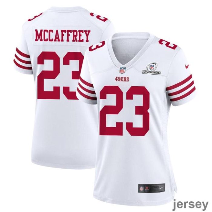 Christian McCaffrey 23 San Francisco 49ers 2024 Divisional Patch Game Women Jersey - White