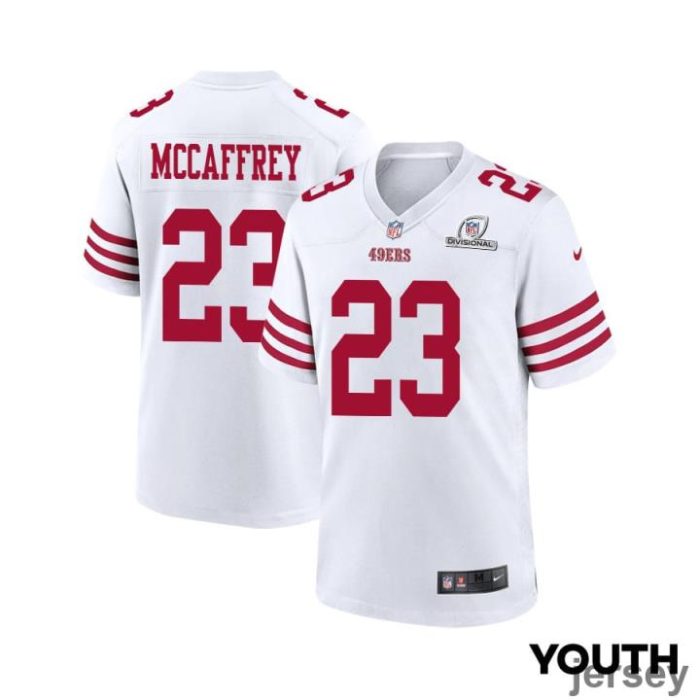 Christian McCaffrey 23 San Francisco 49ers 2024 Divisional Patch Game YOUTH Jersey - White