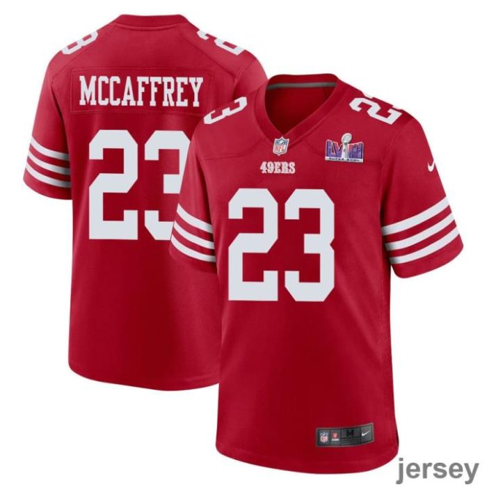 Christian McCaffrey 23 San Francisco 49ers Super Bowl LVIII Patch Game Men Jersey - Scarlet