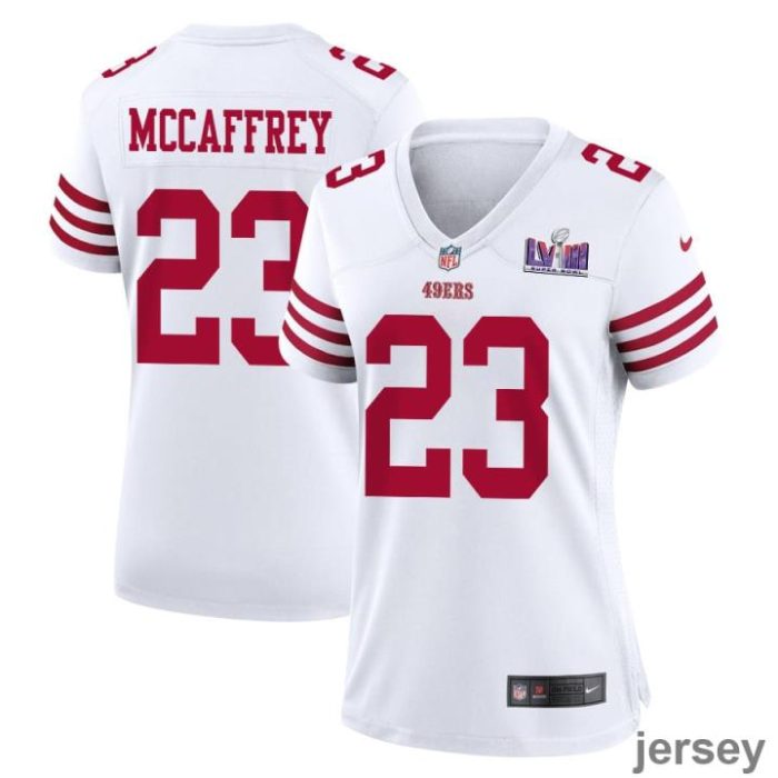 Christian McCaffrey 23 San Francisco 49ers Super Bowl LVIII Patch Game Women Jersey - White