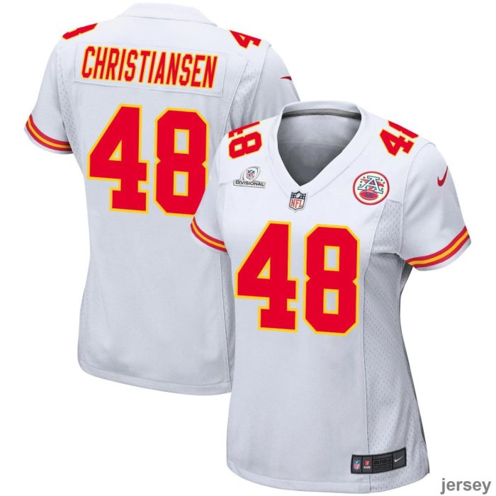 Cole Christiansen 48 Kansas City Chiefs 2024 Divisional Patch Game Women Jersey - White