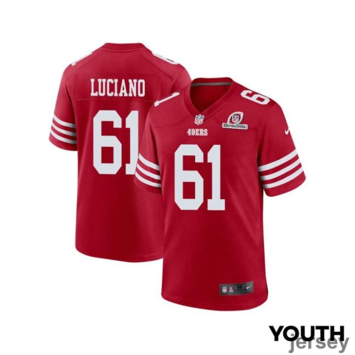 Corey Luciano 61 San Francisco 49ers 2024 Divisional Patch Game YOUTH Jersey - Scarlet