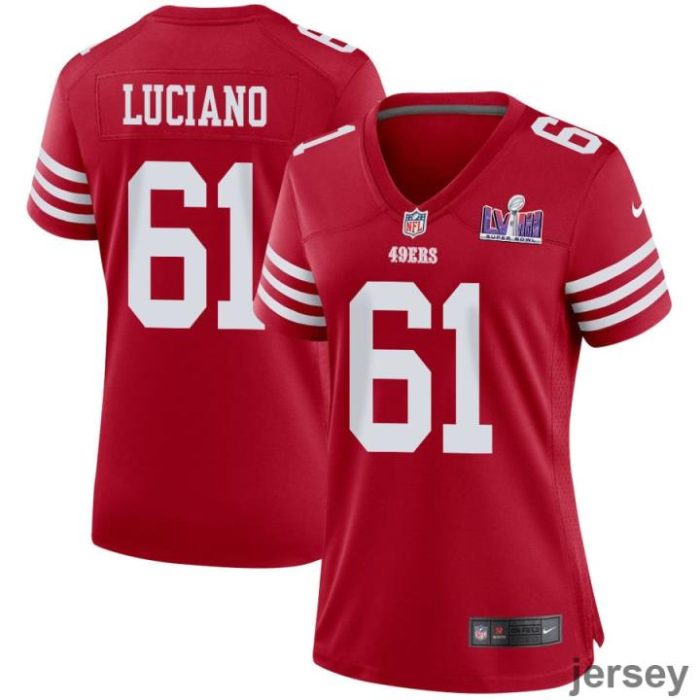 Corey Luciano 61 San Francisco 49ers Super Bowl LVIII Patch Game Women Jersey - Scarlet