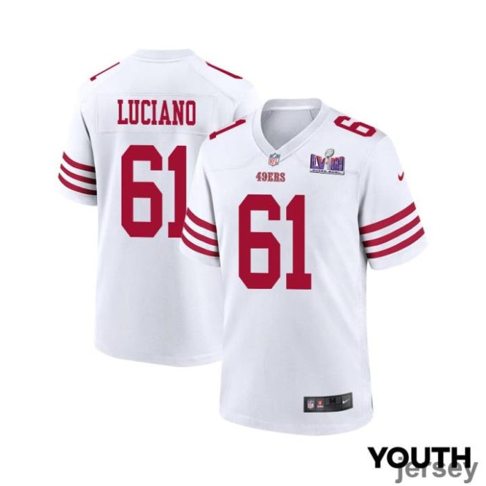 Corey Luciano 61 San Francisco 49ers Super Bowl LVIII Patch Game YOUTH Jersey - White