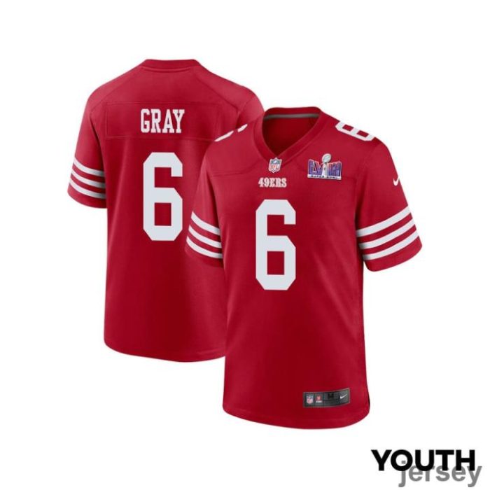 Danny Gray 6 San Francisco 49ers Super Bowl LVIII Patch Game YOUTH Jersey - Scarlet