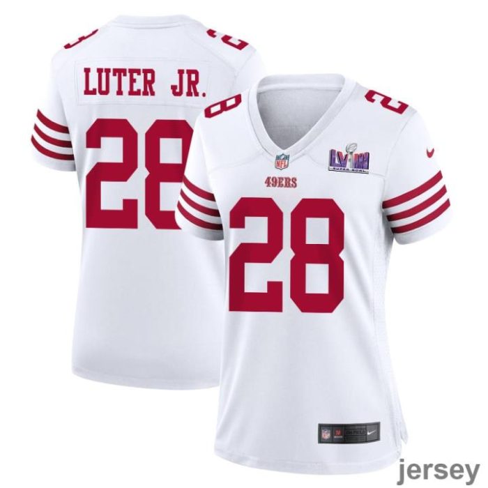 Darrell Luter Jr. 28 San Francisco 49ers Super Bowl LVIII Patch Game Women Jersey - White