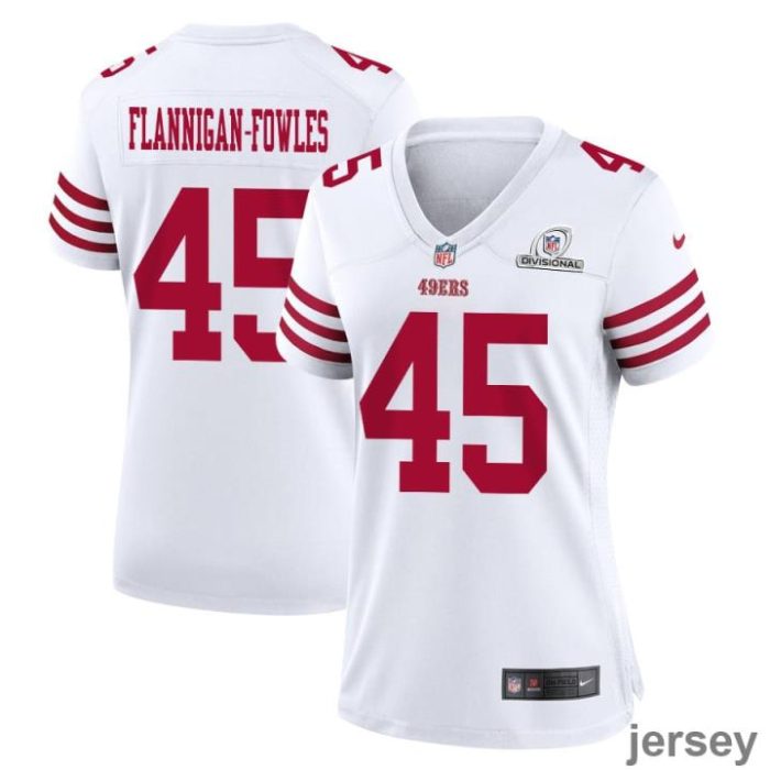 Demetrius Flannigan-Fowles 45 San Francisco 49ers 2024 Divisional Patch Game Women Jersey - White