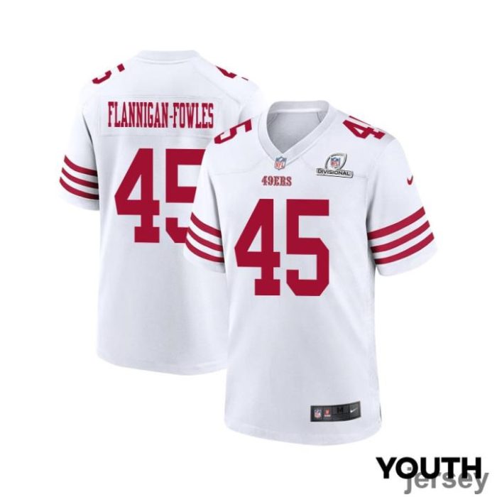 Demetrius Flannigan-Fowles 45 San Francisco 49ers 2024 Divisional Patch Game YOUTH Jersey - White