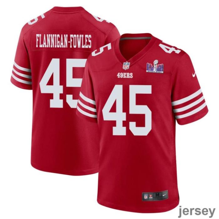 Demetrius Flannigan-Fowles 45 San Francisco 49ers Super Bowl LVIII Patch Game Men Jersey - Scarlet