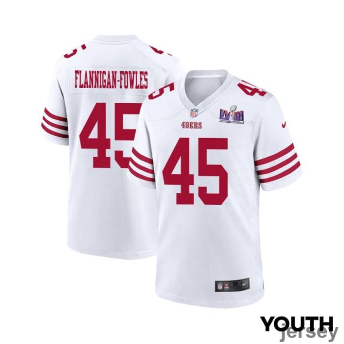 Demetrius Flannigan-Fowles 45 San Francisco 49ers Super Bowl LVIII Patch Game YOUTH Jersey - White