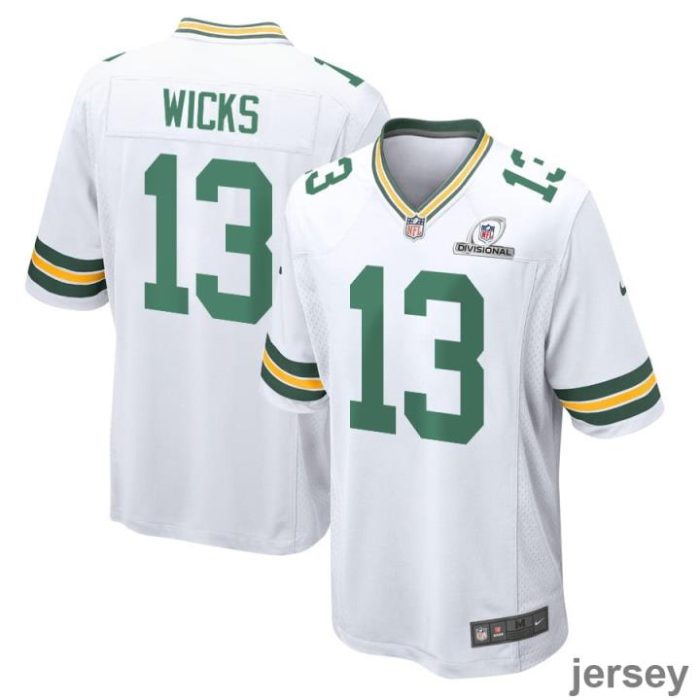 Dontayvion Wicks 13 Green Bay Packers 2024 Divisional Patch Game Men Jersey - White