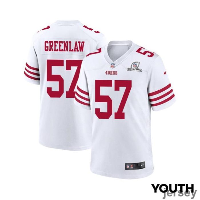 Dre Greenlaw 57 San Francisco 49ers 2024 Divisional Patch Game YOUTH Jersey - White