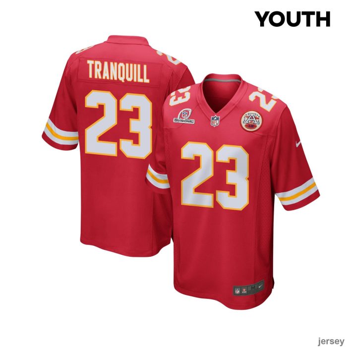 Drue Tranquill 23 Kansas City Chiefs 2024 Divisional Patch Game YOUTH Jersey - Red