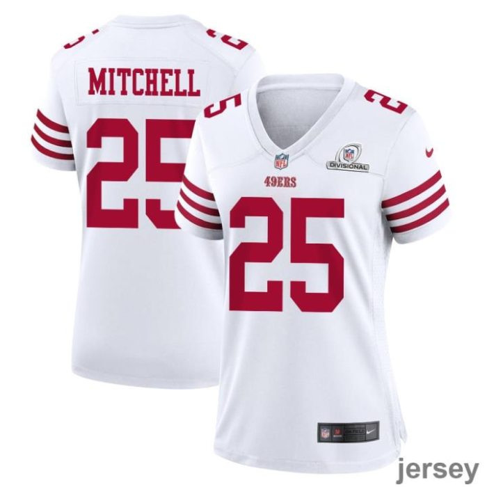 Elijah Mitchell 25 San Francisco 49ers 2024 Divisional Patch Game Women Jersey - White