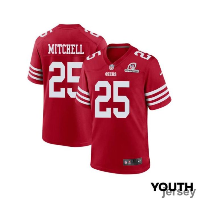 Elijah Mitchell 25 San Francisco 49ers 2024 Divisional Patch Game YOUTH Jersey - Scarlet