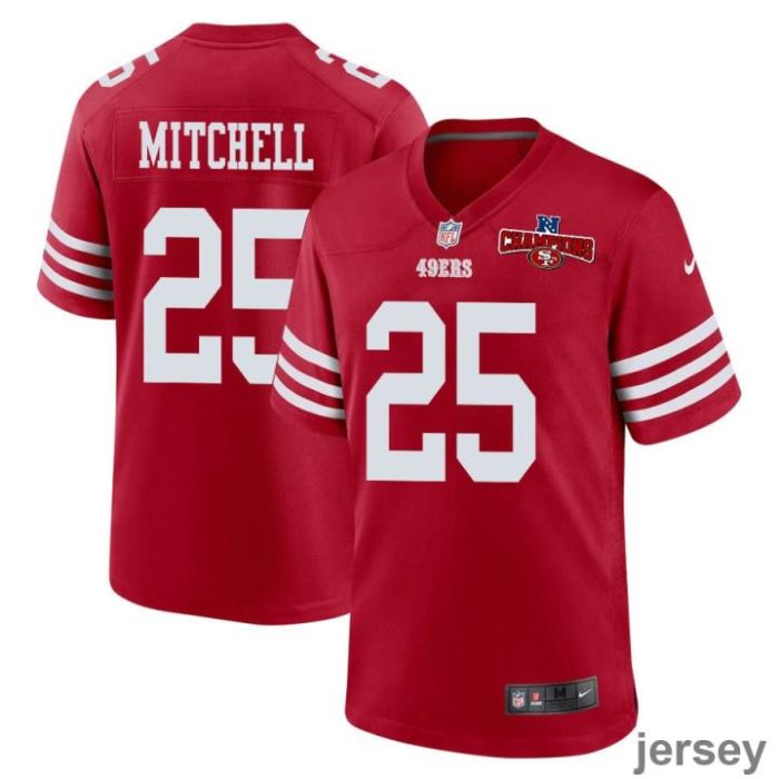 Elijah Mitchell 25 San Francisco 49ers NFC Champions Patch Game Men Jersey - Scarlet