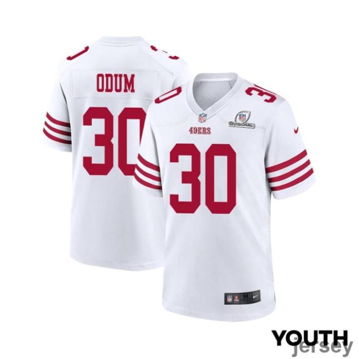 George Odum 30 San Francisco 49ers 2024 Divisional Patch Game YOUTH Jersey - White