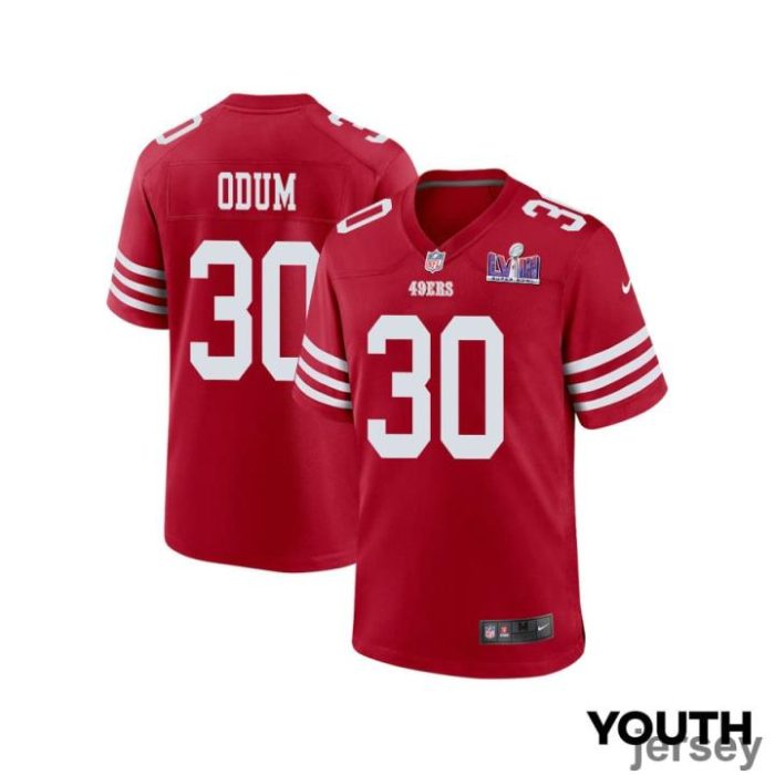 George Odum 30 San Francisco 49ers Super Bowl LVIII Patch Game YOUTH Jersey - Scarlet