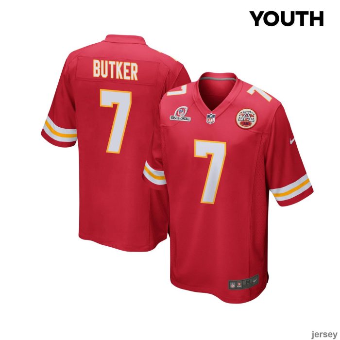 Harrison Butker 7 Kansas City Chiefs 2024 Divisional Patch Game YOUTH Jersey - Red