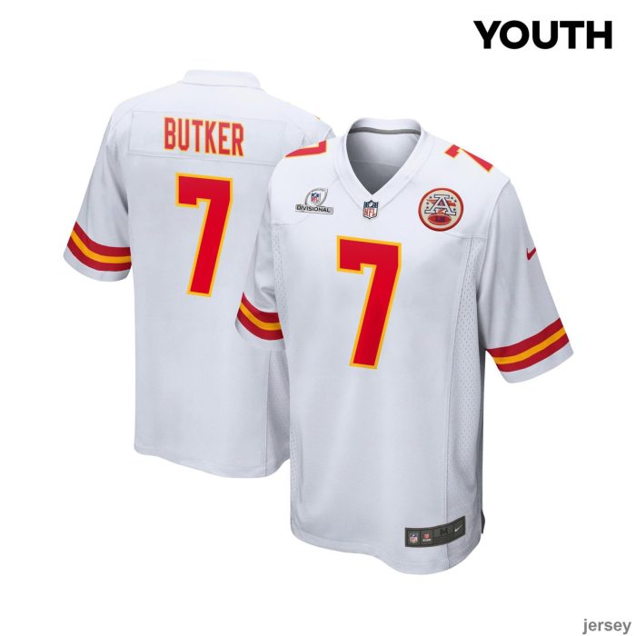 Harrison Butker 7 Kansas City Chiefs 2024 Divisional Patch Game YOUTH Jersey - White