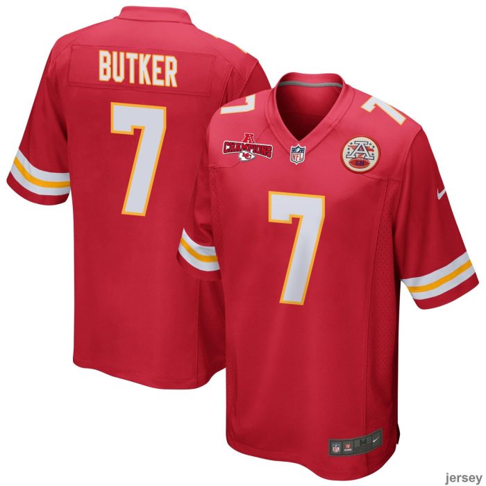 Harrison Butker 7 Kansas City Chiefs AFC Champions Patch Game Men Jersey - Red