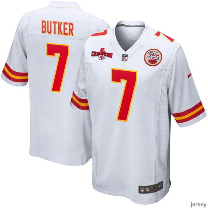 Harrison Butker 7 Kansas City Chiefs AFC Champions Patch Game Men Jersey - White